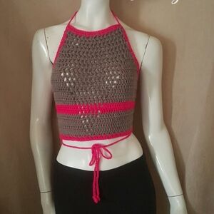 Handmade Crochet Halter Crop Top in Taupe with Hot Pink Trim